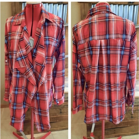 New Red Plaid Shirt-jacket L Open Waterfall front Lightweight - Picture 1 of 5